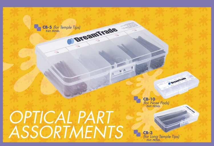 OPTICAL PART ASSORTMENTS: CB-3 (for Long Temple Tips); CB-5 (for Temple Tips); CB-10 (for Nose Pads)